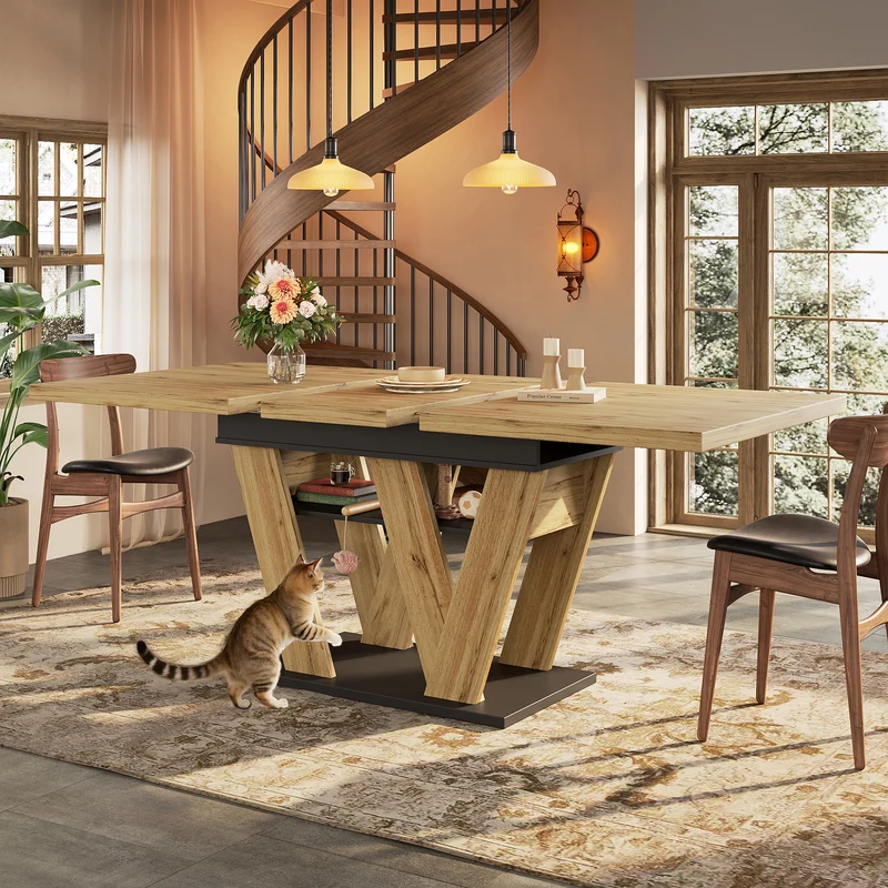 Table de salle à manger extensible effet bois naturel, pieds en W et rangement 119-158,5×80cm MODERNSTYLE