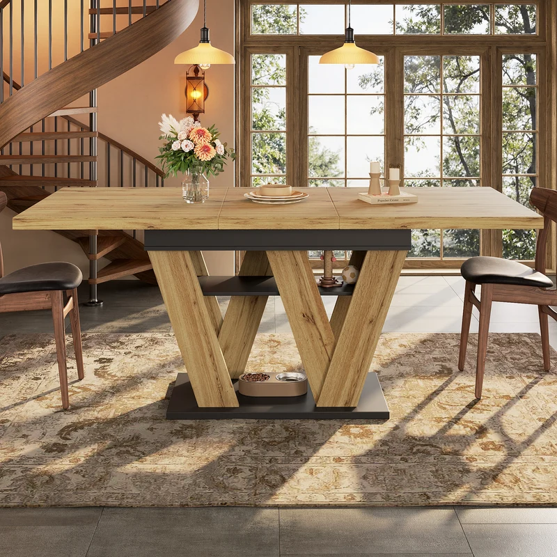 Table de salle à manger extensible effet bois naturel, pieds en W et rangement 119-158,5×80cm MODERNSTYLE