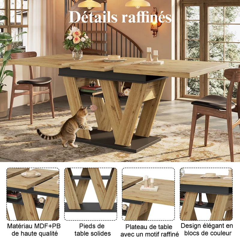 Table de salle à manger extensible effet bois naturel, pieds en W et rangement 119-158,5×80cm MODERNSTYLE