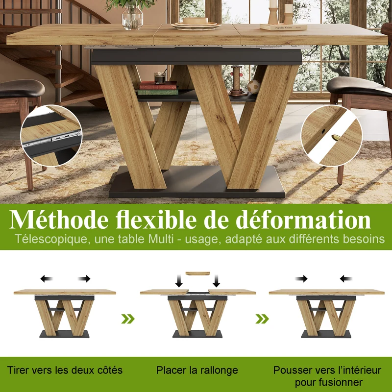 Table de salle à manger extensible effet bois naturel, pieds en W et rangement 119-158,5×80cm MODERNSTYLE