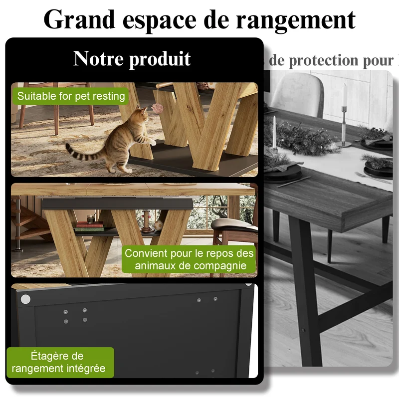 Table de salle à manger extensible effet bois naturel, pieds en W et rangement 119-158,5×80cm MODERNSTYLE