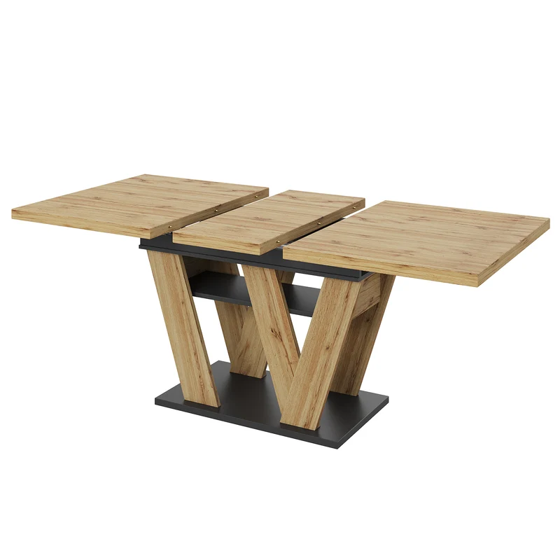 Table de salle à manger extensible effet bois naturel, pieds en W et rangement 119-158,5×80cm MODERNSTYLE