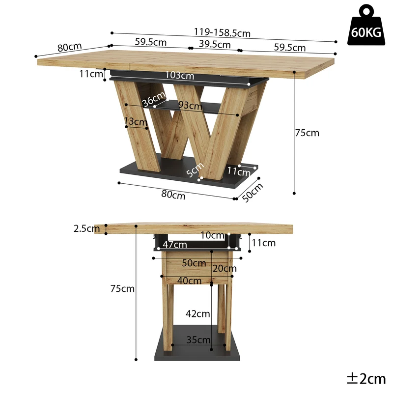 Table de salle à manger extensible effet bois naturel, pieds en W et rangement 119-158,5×80cm MODERNSTYLE