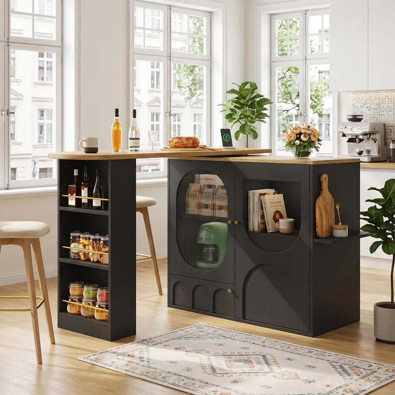 Table de bar pivotante 360° effet bois noir 3 portes, îlot de cuisine extensible MODERNSOFAHOME