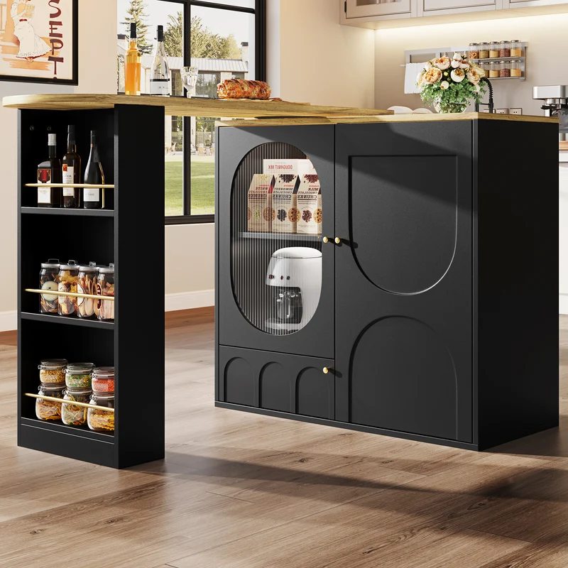 Table de bar pivotante 360° effet bois noir 3 portes, îlot de cuisine extensible MODERNSOFAHOME