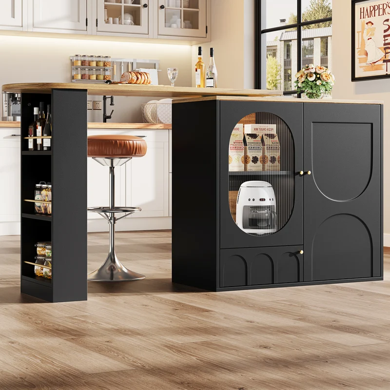 Table de bar pivotante 360° effet bois noir 3 portes, îlot de cuisine extensible MODERNSOFAHOME