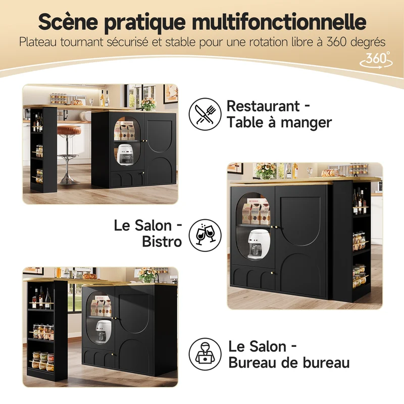 Table de bar pivotante 360° effet bois noir 3 portes, îlot de cuisine extensible MODERNSOFAHOME