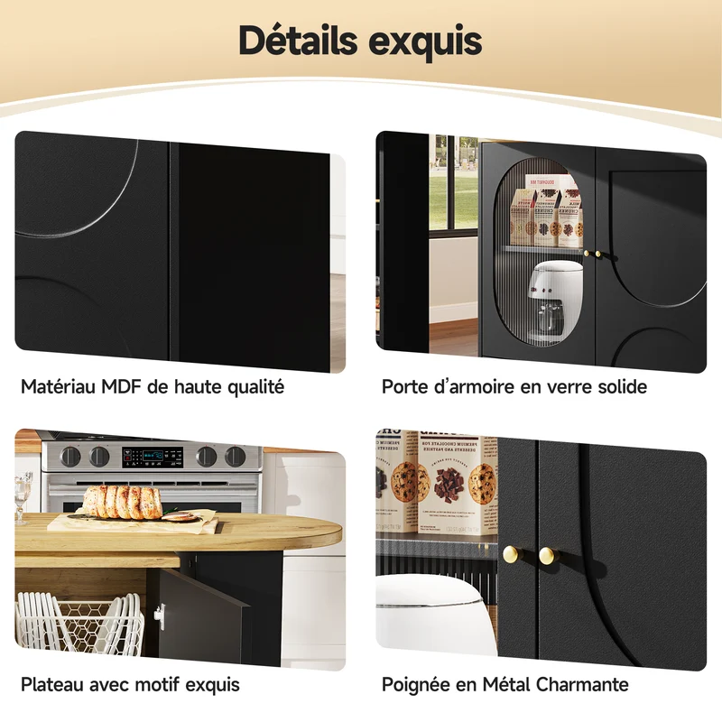 Table de bar pivotante 360° effet bois noir 3 portes, îlot de cuisine extensible MODERNSOFAHOME