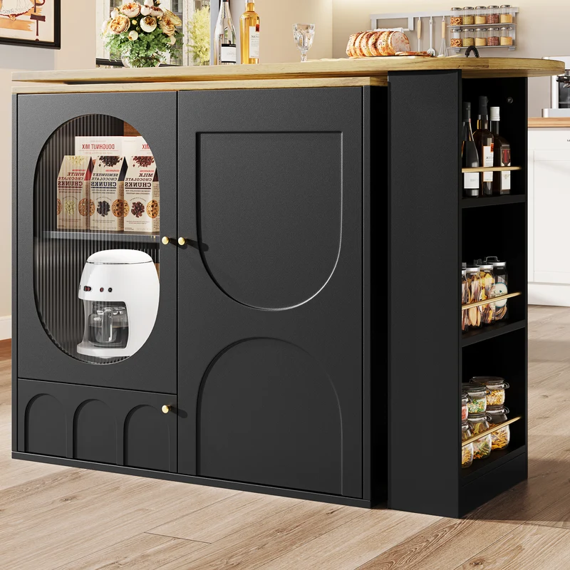 Table de bar pivotante 360° effet bois noir 3 portes, îlot de cuisine extensible MODERNSOFAHOME