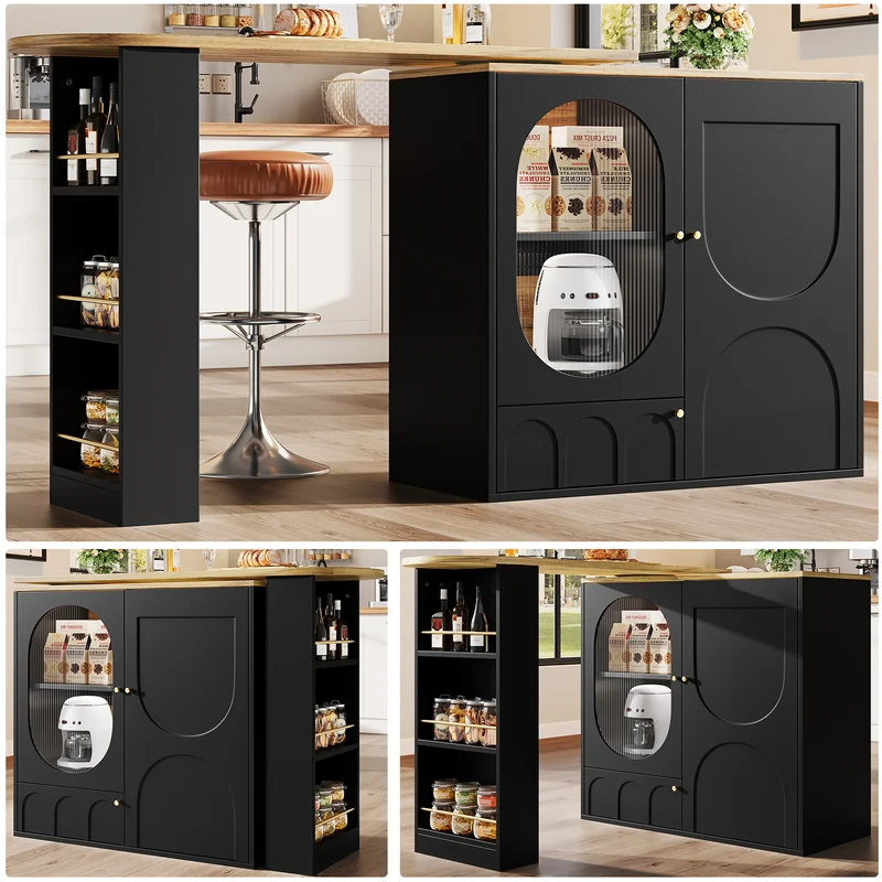 Table de bar pivotante 360° effet bois noir 3 portes, îlot de cuisine extensible MODERNSOFAHOME