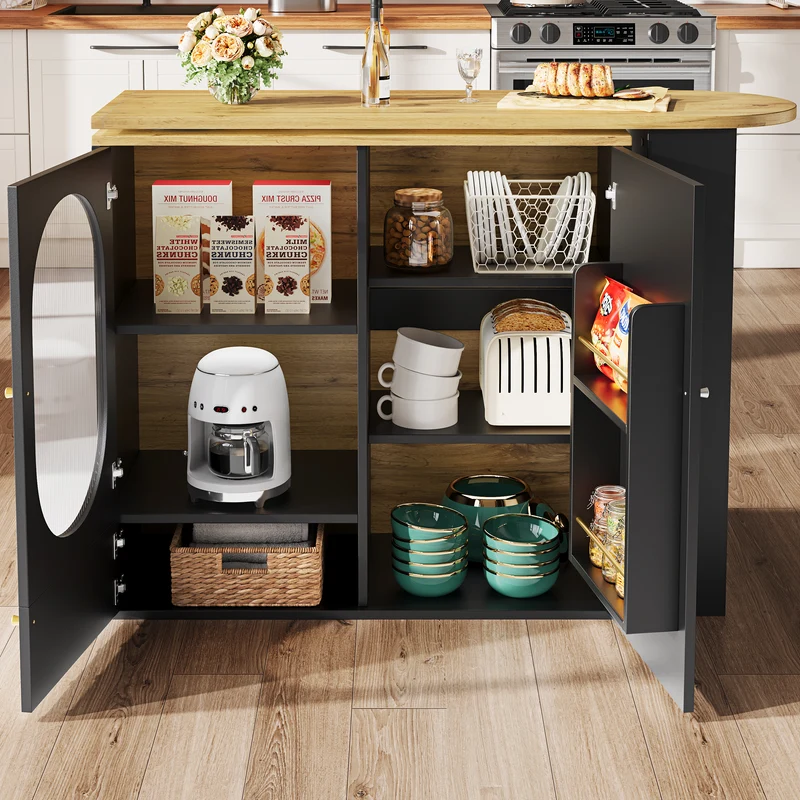 Table de bar pivotante 360° effet bois noir 3 portes, îlot de cuisine extensible MODERNSOFAHOME