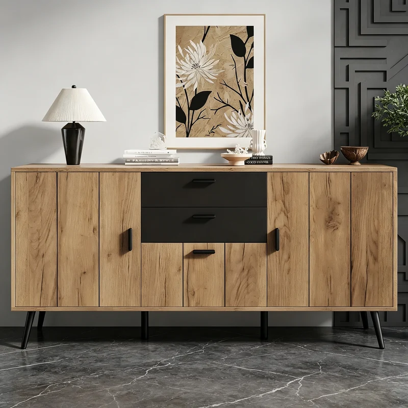 Buffet moderne effet bois et noir 2 tiroirs 3 portes 140x35x67cm MODERNLAMPHOME
