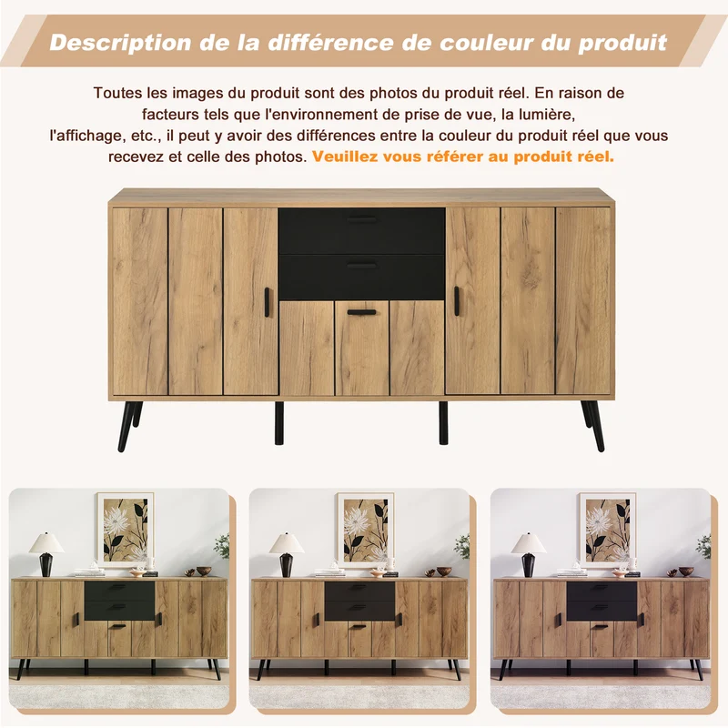 Buffet moderne effet bois et noir 2 tiroirs 3 portes 140x35x67cm MODERNLAMPHOME
