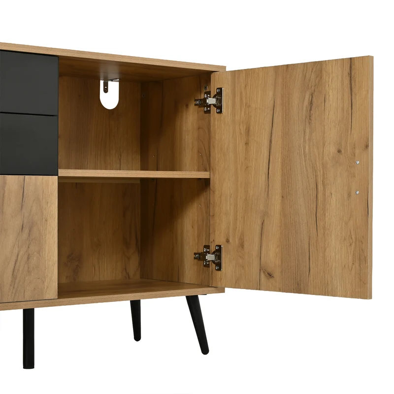 Buffet moderne effet bois et noir 2 tiroirs 3 portes 140x35x67cm MODERNLAMPHOME