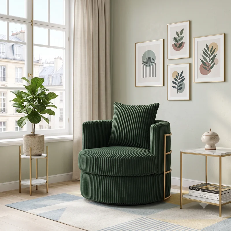 Fauteuil pivotant 360° en velours côtelé vert émeraude, avec rangement MODERNELITE