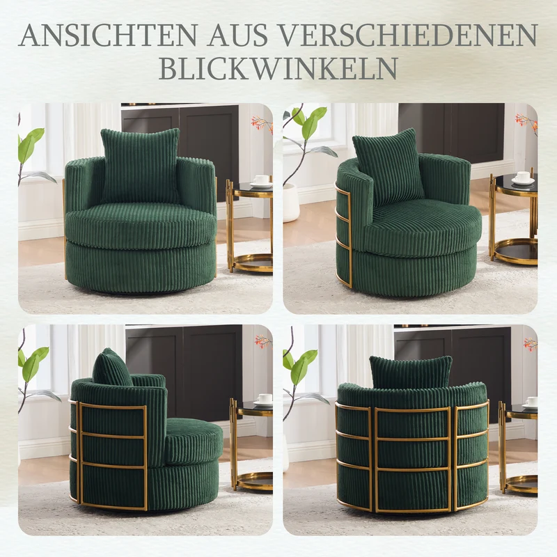 Fauteuil pivotant 360° en velours côtelé vert émeraude, avec rangement MODERNELITE