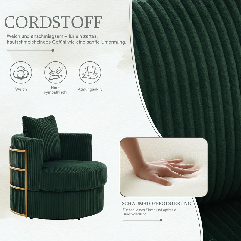 Fauteuil pivotant 360° en velours côtelé vert émeraude, avec rangement MODERNELITE