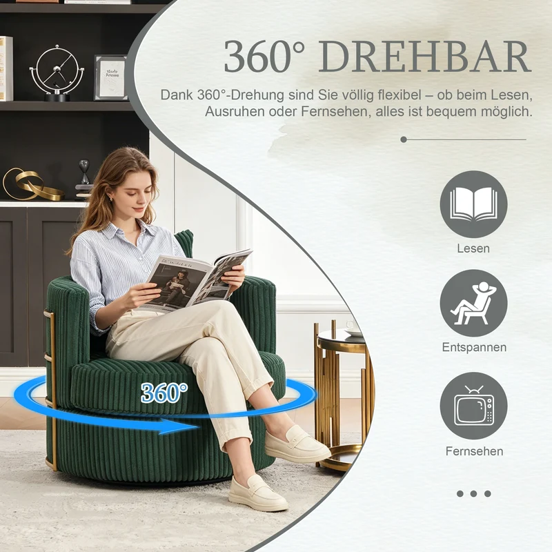 Fauteuil pivotant 360° en velours côtelé vert émeraude, avec rangement MODERNELITE