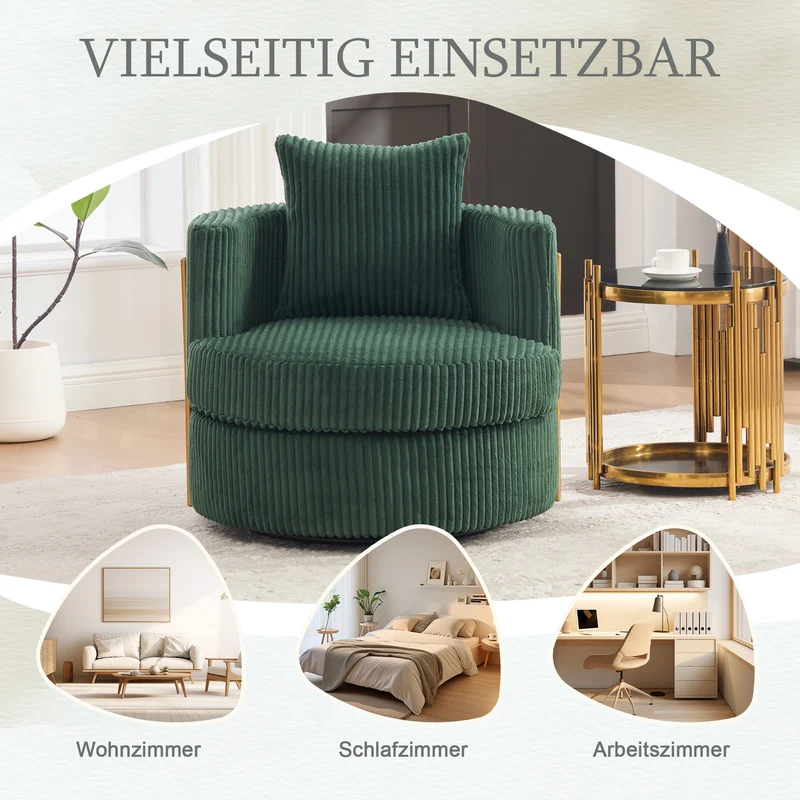 Fauteuil pivotant 360° en velours côtelé vert émeraude, avec rangement MODERNELITE