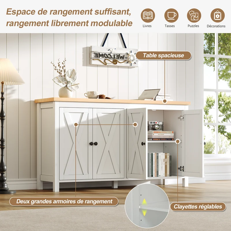 Buffet blanc et effet bois à 4 portes, style scandinave 140×40×78cm MODERNMIRRORHOME
