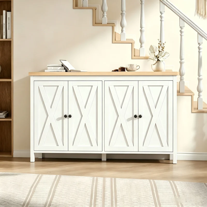 Buffet blanc et effet bois à 4 portes, style scandinave 140×40×78cm MODERNMIRRORHOME