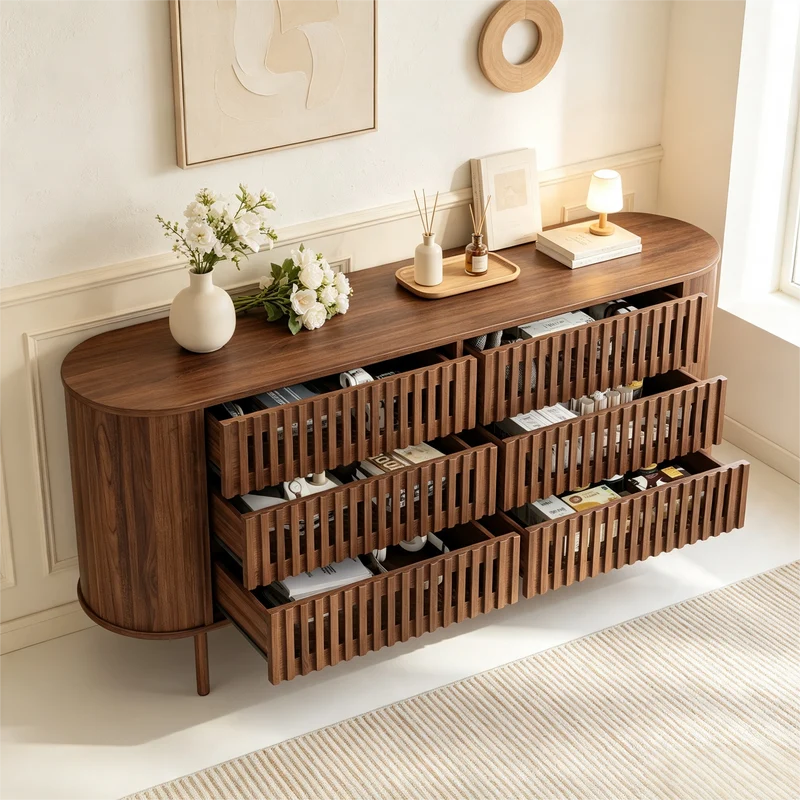 Buffet effet noyer, 6 tiroirs, design à lattes 160×40×70cm PANELSTYLE