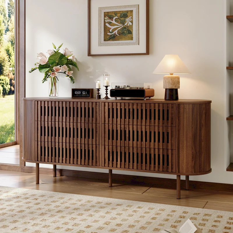 Buffet effet noyer, 6 tiroirs, design à lattes 160×40×70cm PANELSTYLE