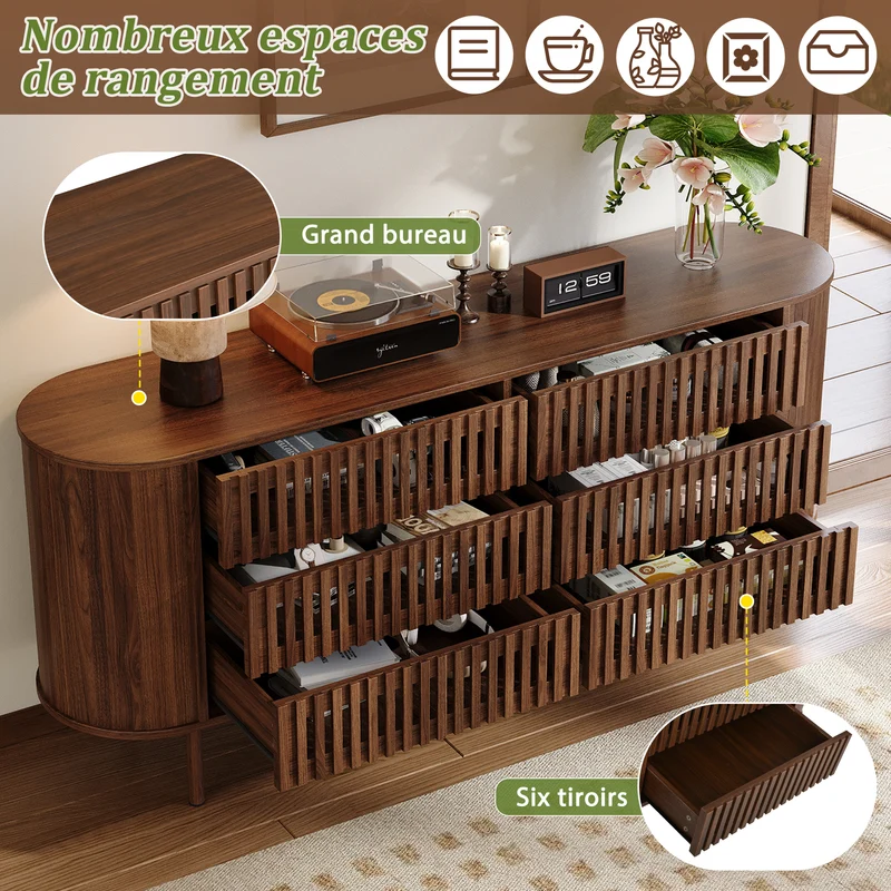 Buffet effet noyer, 6 tiroirs, design à lattes 160×40×70cm PANELSTYLE