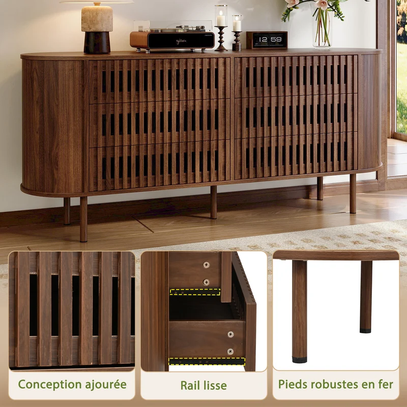 Buffet effet noyer, 6 tiroirs, design à lattes 160×40×70cm PANELSTYLE