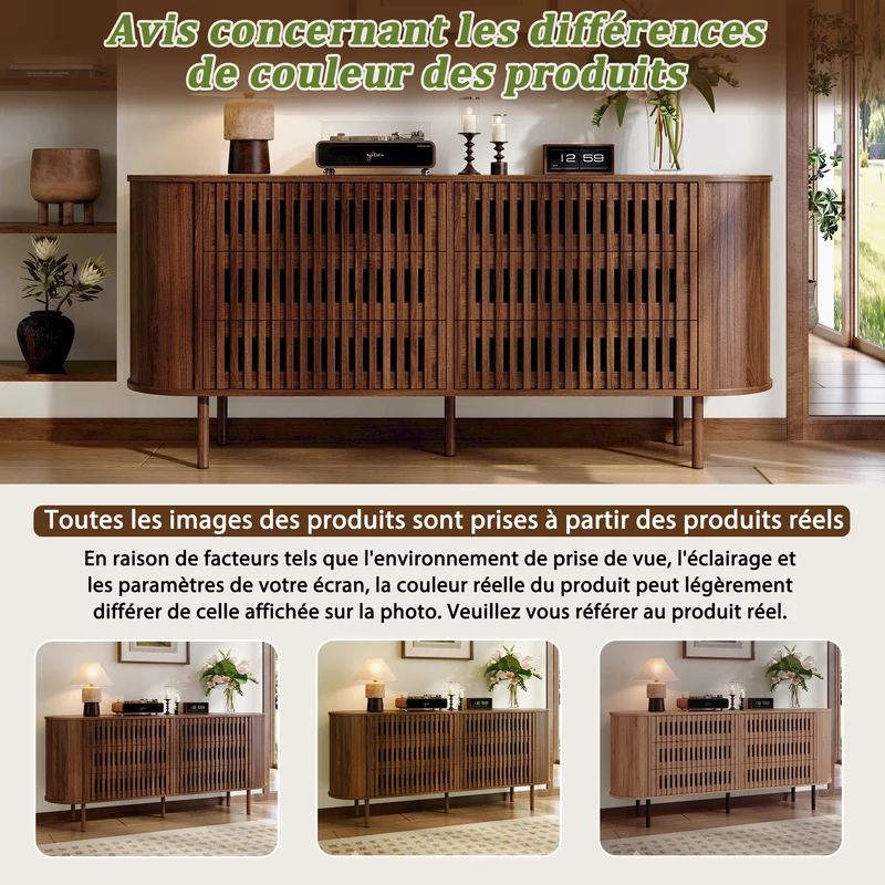 Buffet effet noyer, 6 tiroirs, design à lattes 160×40×70cm PANELSTYLE