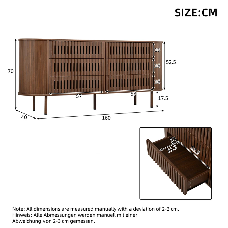 Buffet effet noyer, 6 tiroirs, design à lattes 160×40×70cm PANELSTYLE
