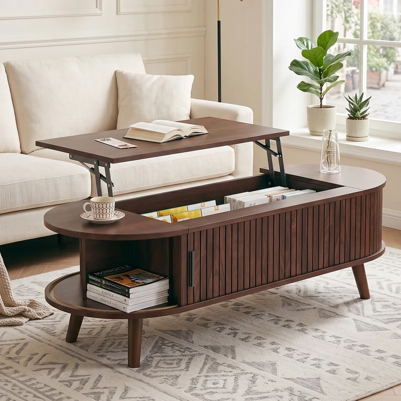 Table basse relevable effet noyer design à lattes 120x50cm MODERNLINE