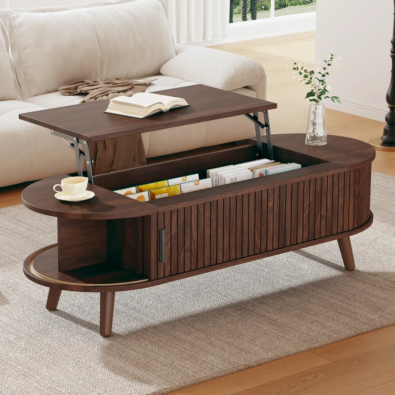 Table basse relevable effet noyer design à lattes 120x50cm MODERNLINE