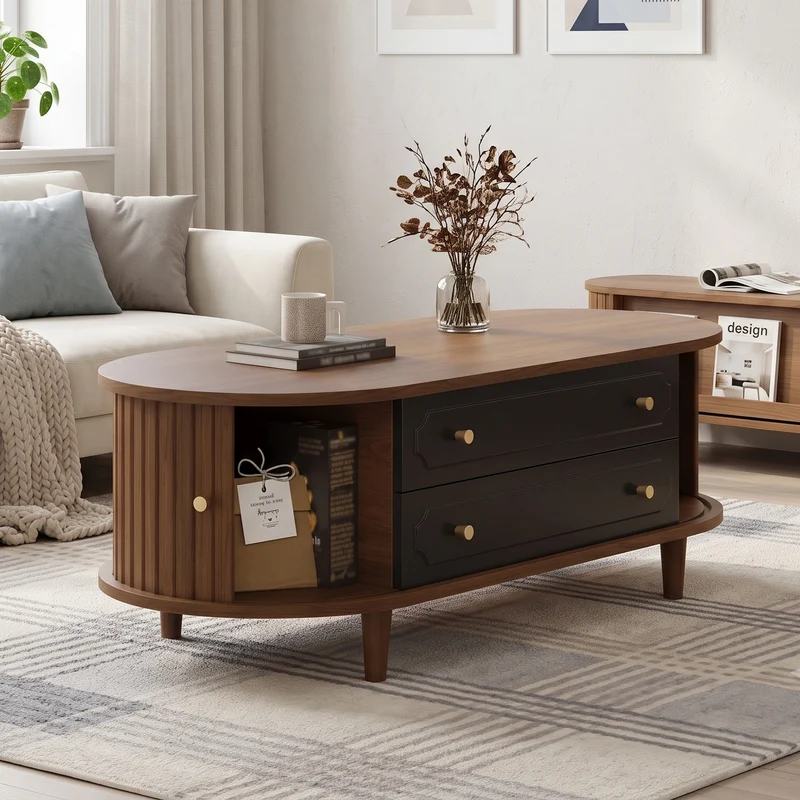 Table basse effet noyer et noir avec tiroirs, style rétro 100x50x36cm MODERNSIDEBOARDART
