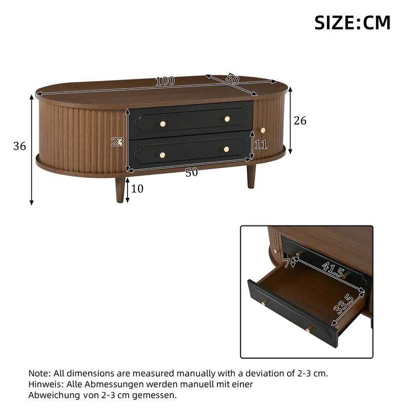 Table basse effet noyer et noir avec tiroirs, style rétro 100x50x36cm MODERNSIDEBOARDART
