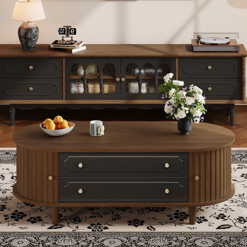 Table basse effet noyer et noir avec tiroirs, style rétro 100x50x36cm MODERNSIDEBOARDART
