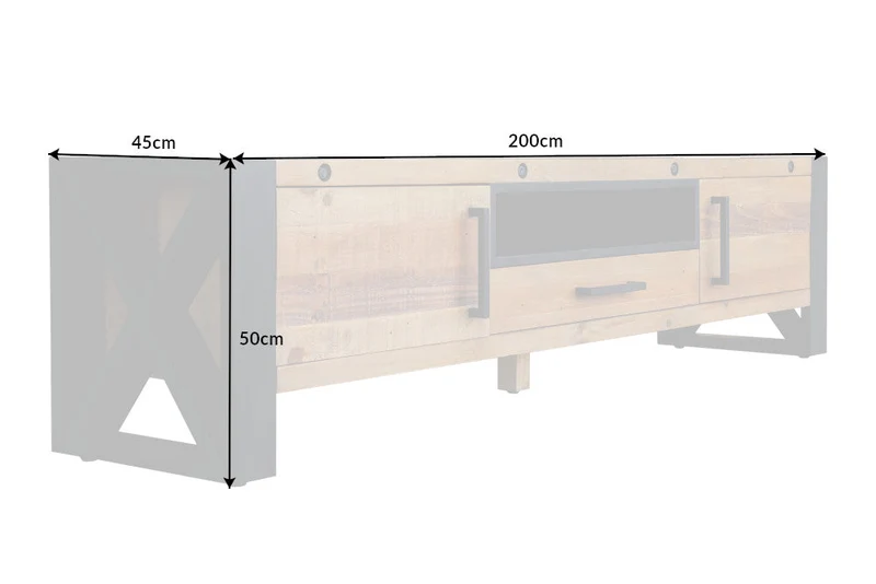 Buffet TV massif THOR 200cm en bois de pin recyclé au design industriel