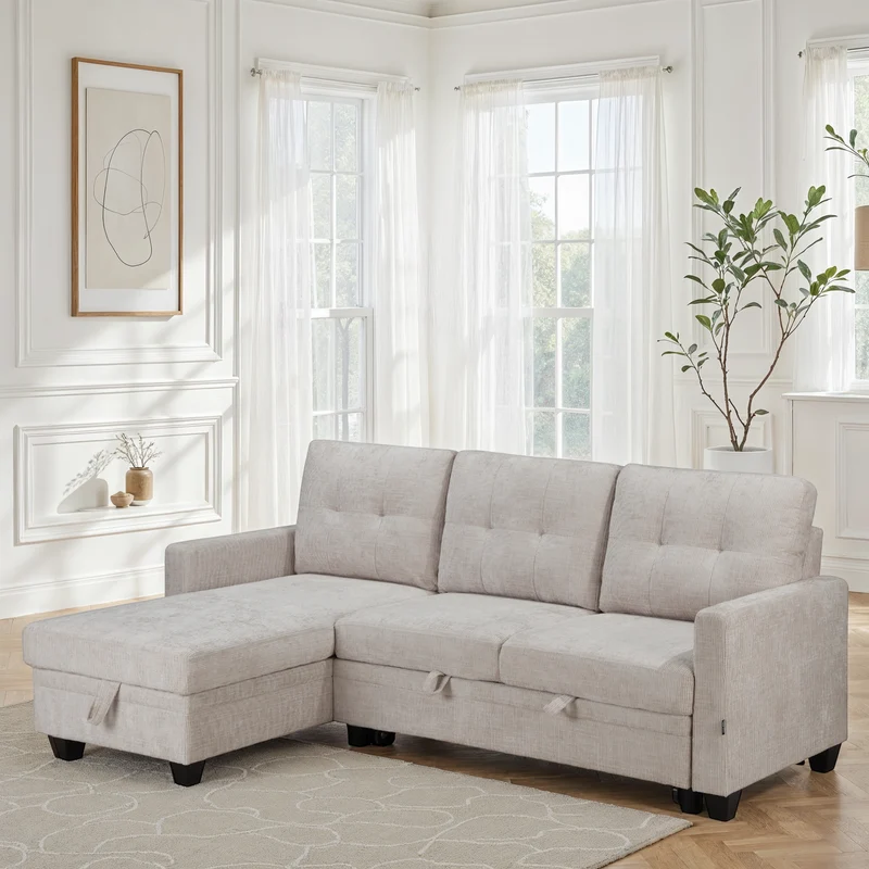 Canapé d'angle convertible et reversible en tissu anti tache, 210x154xH90CM - LEANDRO