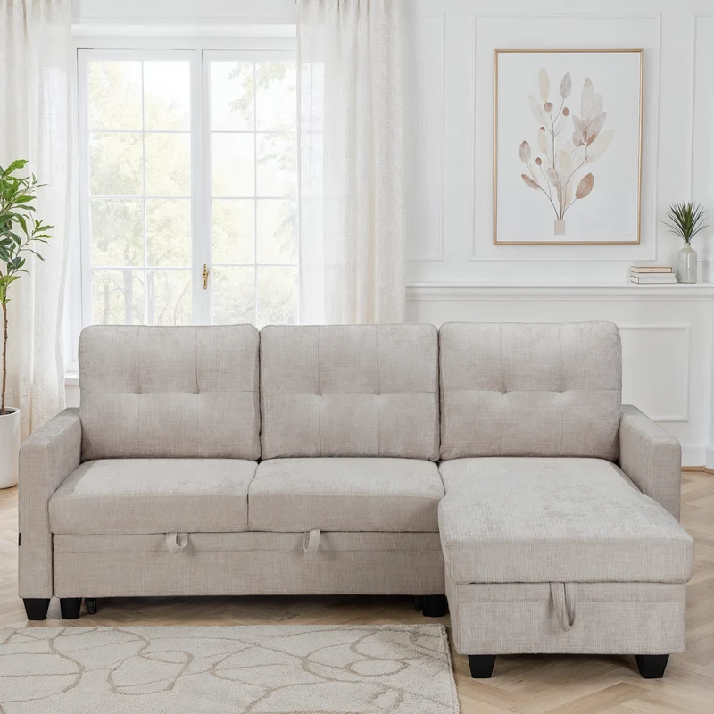 Canapé d'angle convertible et reversible en tissu anti tache, 210x154xH90CM - LEANDRO