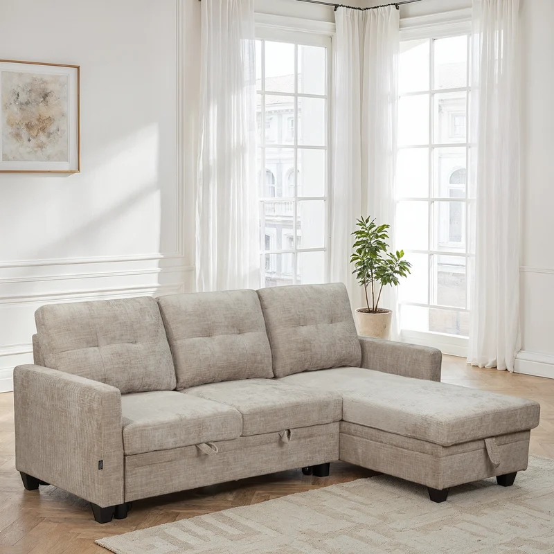 Canapé d'angle convertible et reversible en tissu anti tache, 210x154xH90CM - LEANDRO
