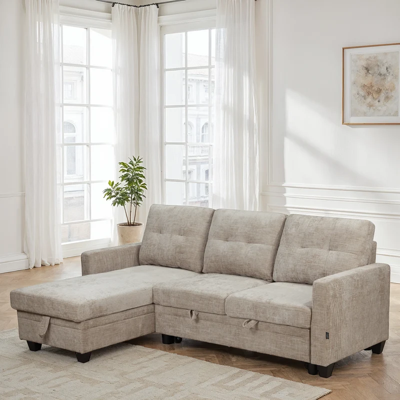 Canapé d'angle convertible et reversible en tissu anti tache, 210x154xH90CM - LEANDRO