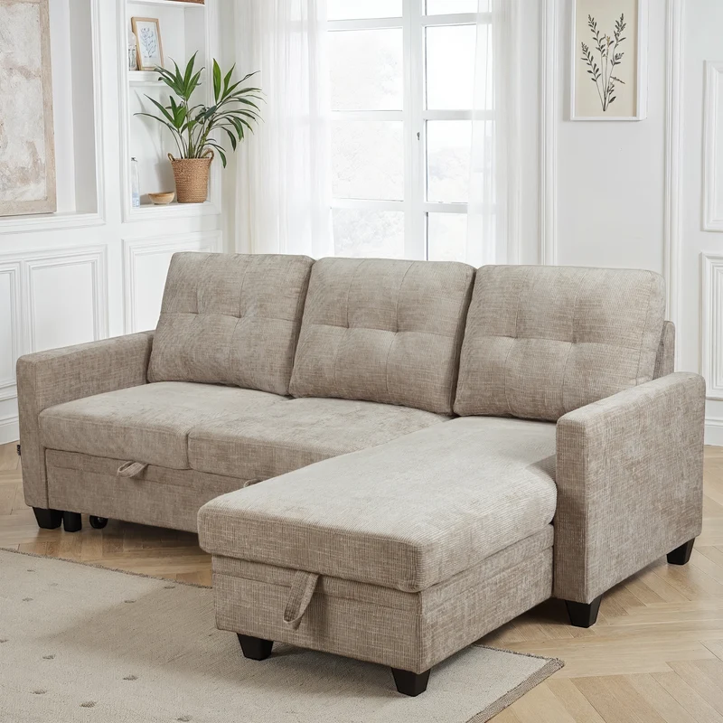 Canapé d'angle convertible et reversible en tissu anti tache, 210x154xH90CM - LEANDRO