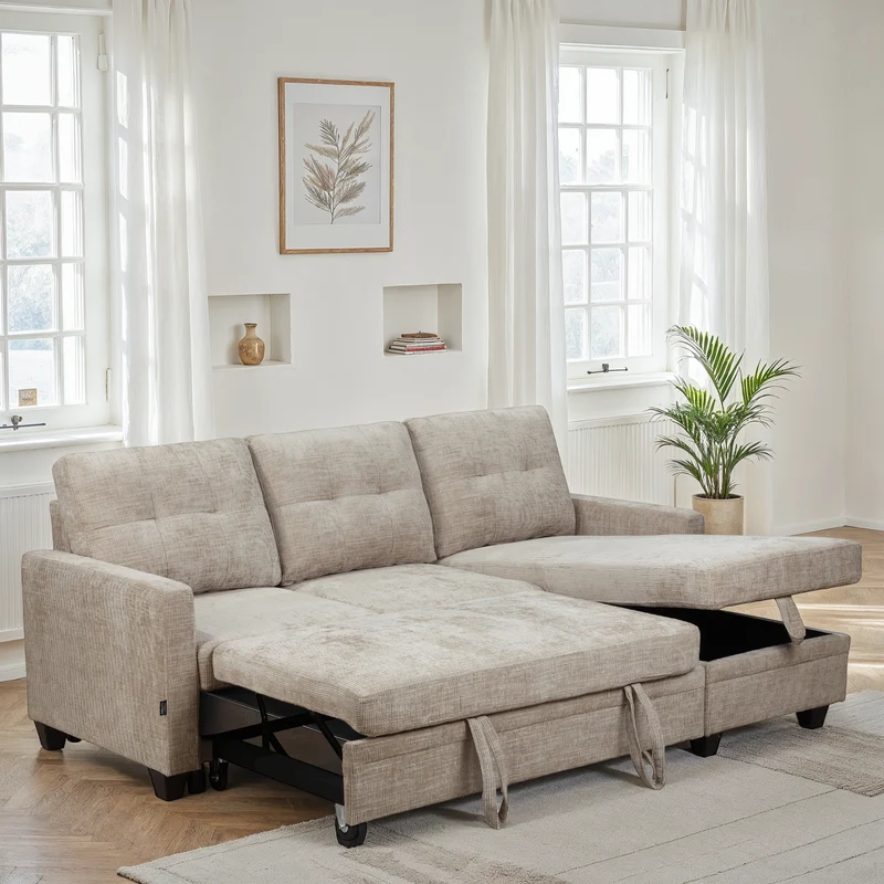 Canapé d'angle convertible et reversible en tissu anti tache, 210x154xH90CM - LEANDRO