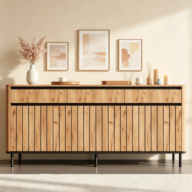 Buffet effet chêne 3 tiroirs et 3 portes cannées 160×40×73cm MODERNCREDENZAHOME