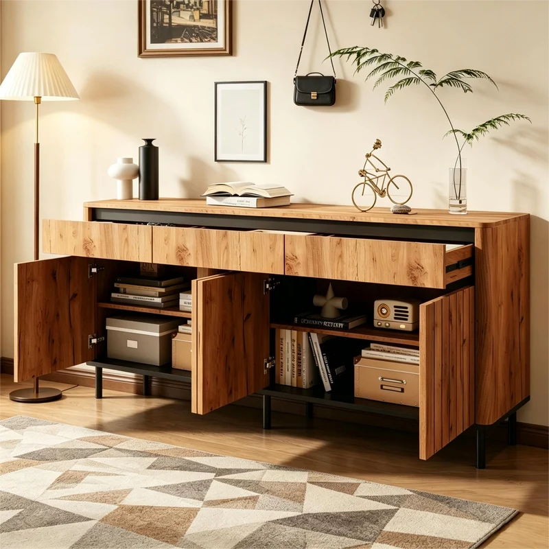 Buffet effet chêne 3 tiroirs et 3 portes cannées 160×40×73cm MODERNCREDENZAHOME
