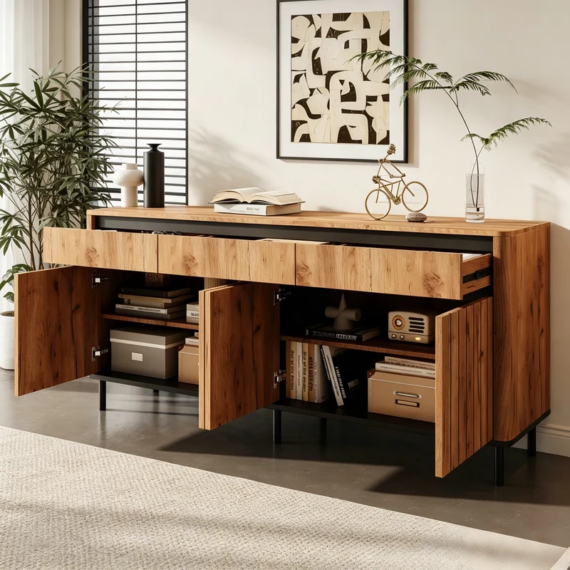 Buffet effet chêne 3 tiroirs et 3 portes cannées 160×40×73cm MODERNCREDENZAHOME