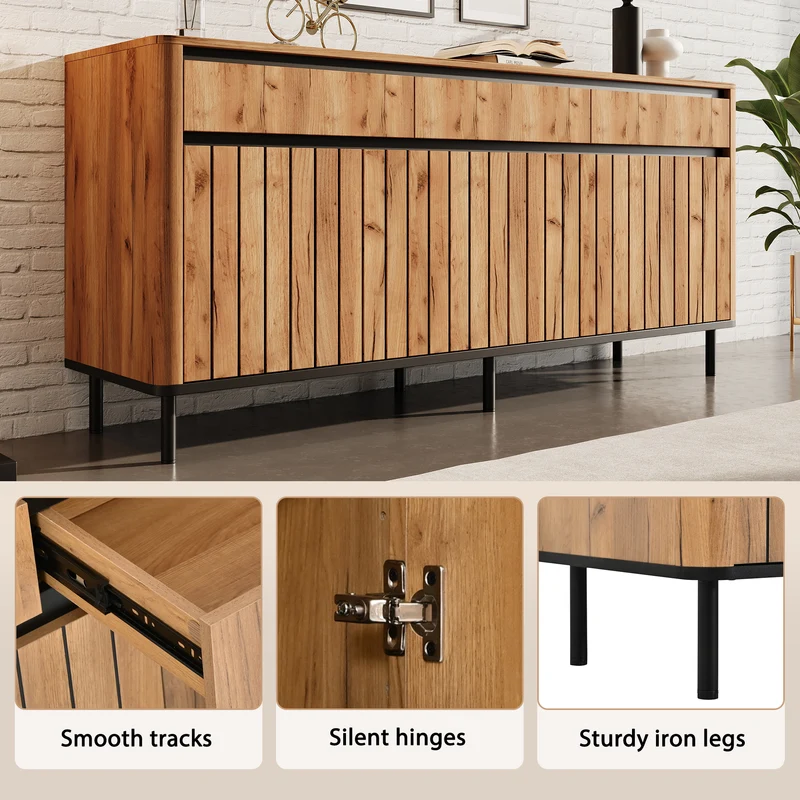 Buffet effet chêne 3 tiroirs et 3 portes cannées 160×40×73cm MODERNCREDENZAHOME