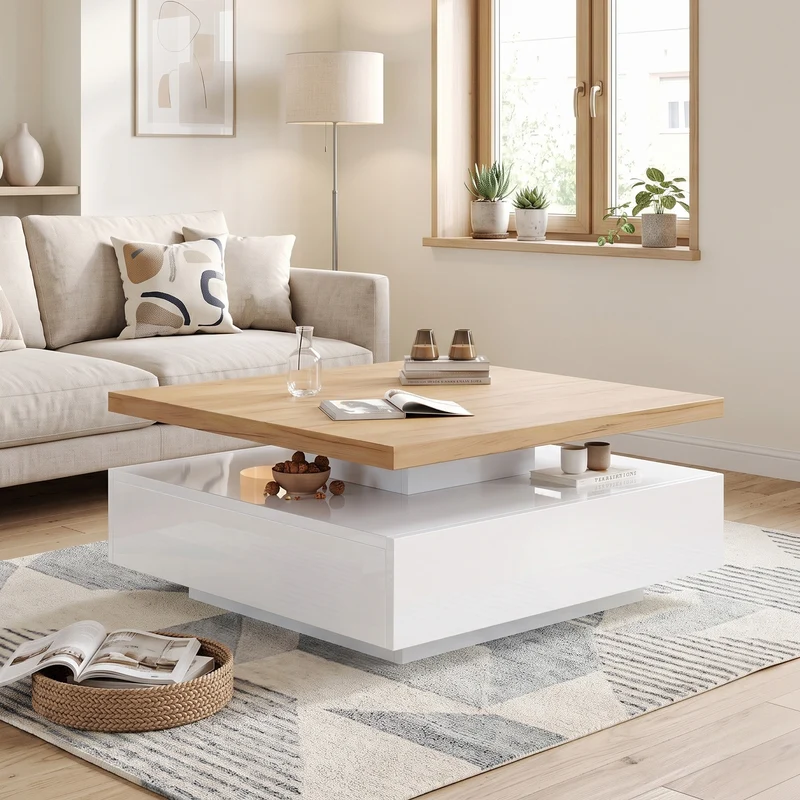 Table basse carrée rotative 360° blanche brillante et effet bois MODERNLAMPSET