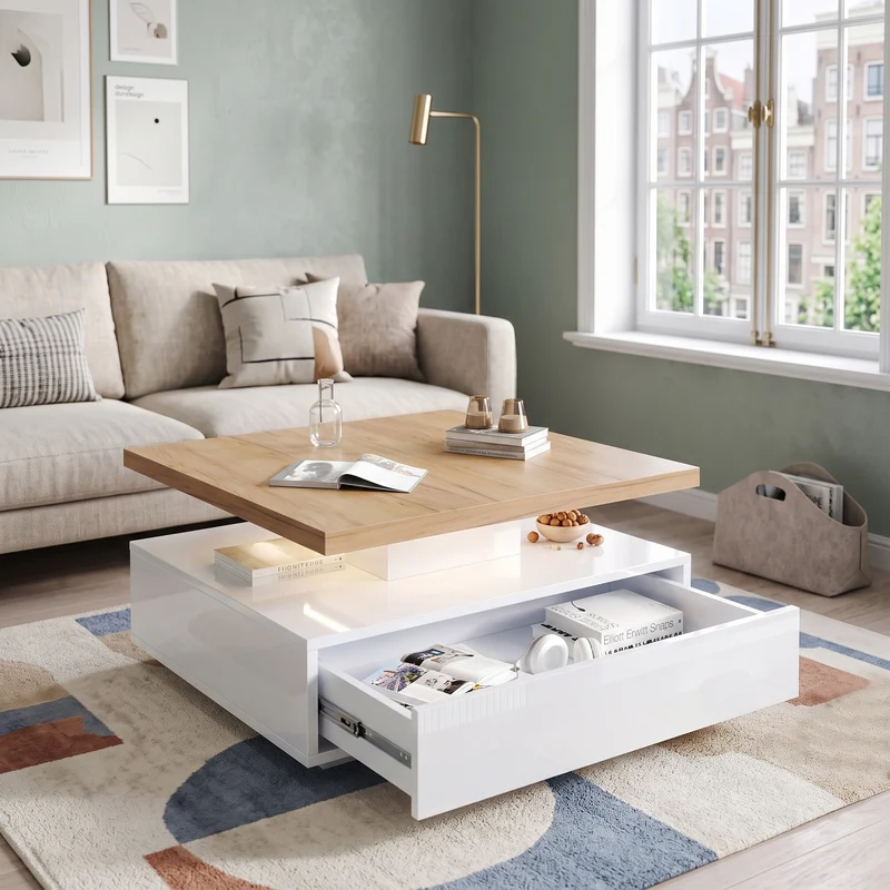 Table basse carrée rotative 360° blanche brillante et effet bois MODERNLAMPSET