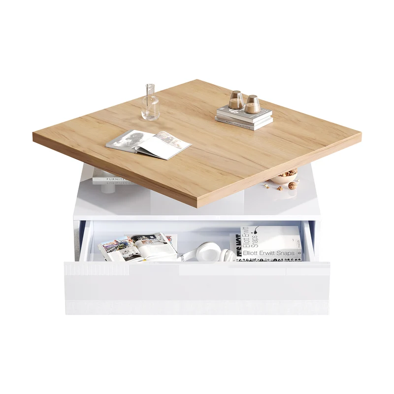 Table basse carrée rotative 360° blanche brillante et effet bois MODERNLAMPSET